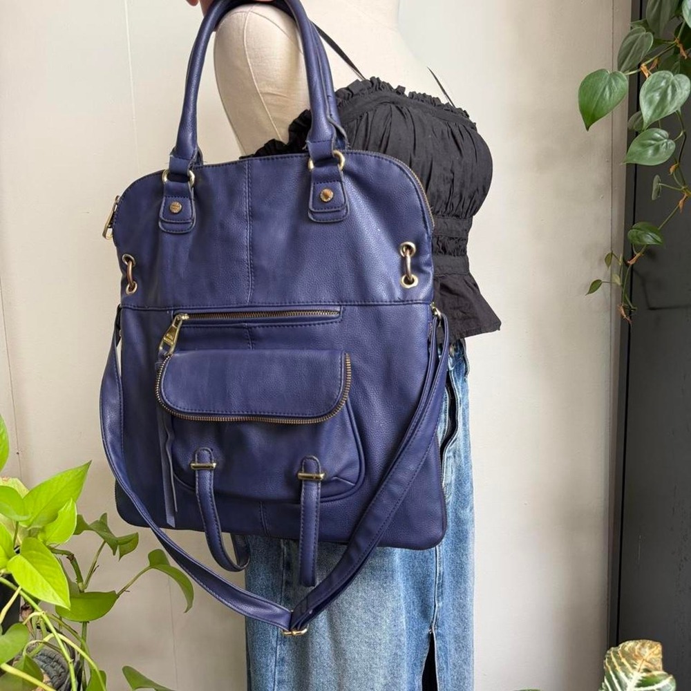 Steve Madden Indigo Blue Faux Leather Satchel Crossbody Bag Expandable